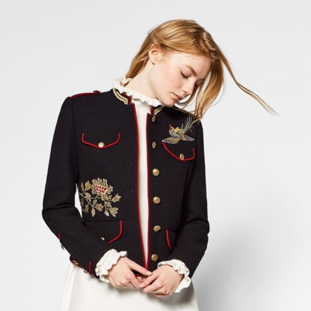 Zara gold red bird embroidered military jacket